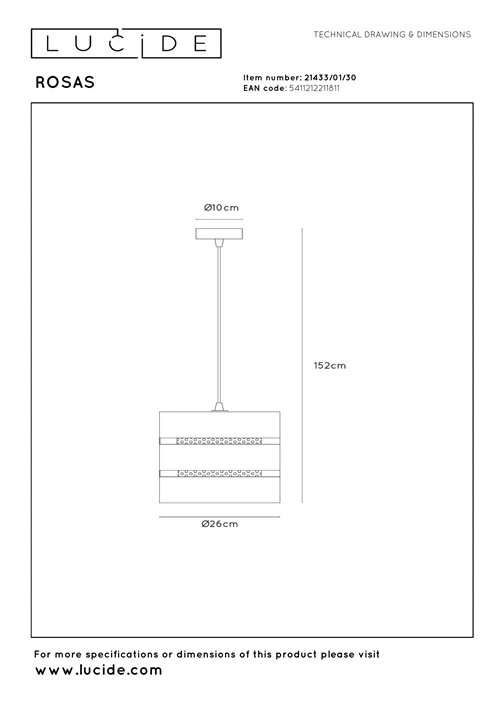 Lucide ROSAS - Hanglamp - Ø 26 cm - 1xE27 - Zwart - technisch